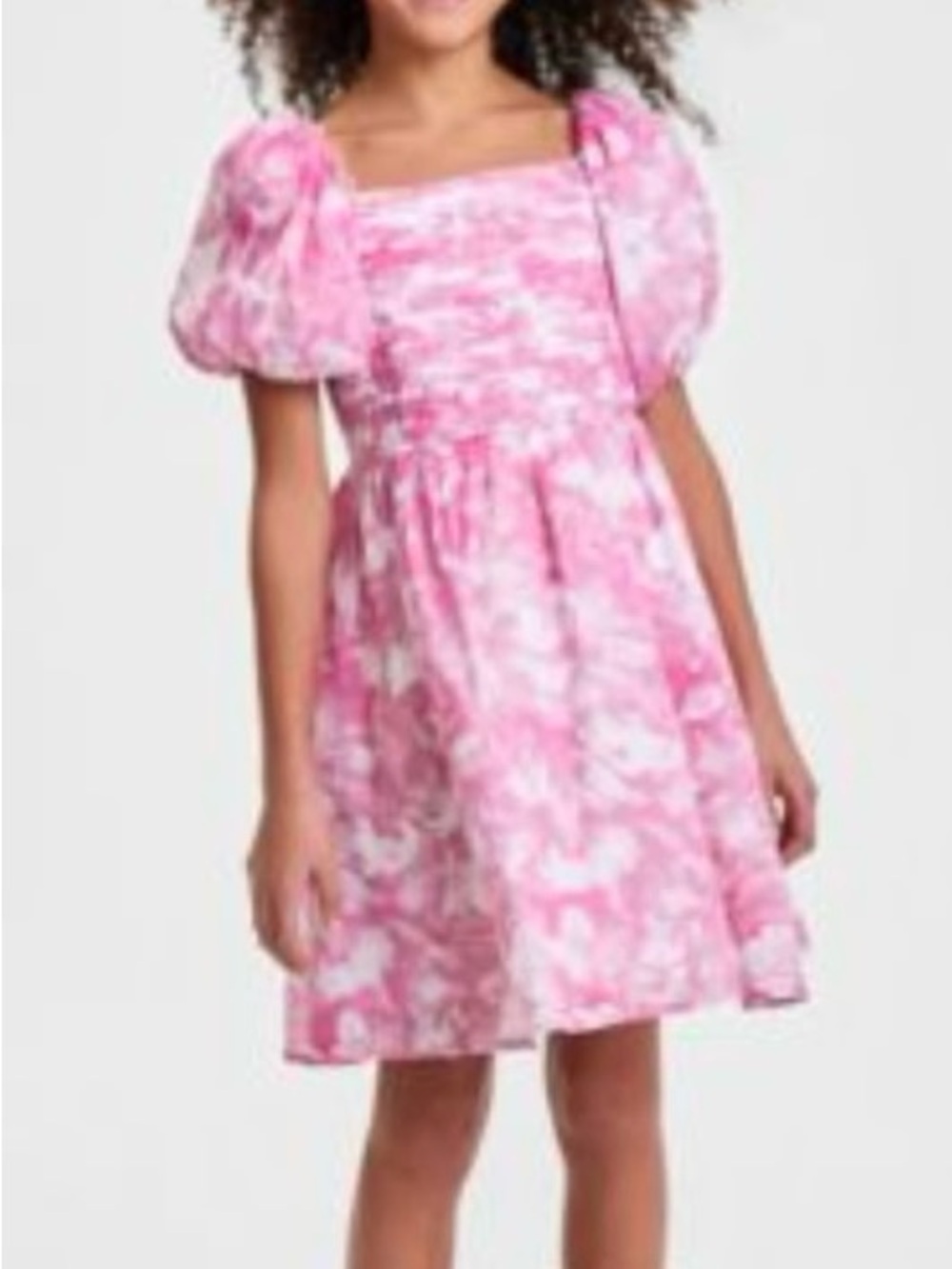 abercrombie kids Pink Floral Puff-Sleeve Smocked Dress with Square Neck